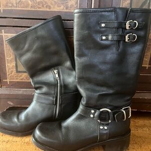 Steve Madden Bryanna- Black Mid-Calf biker harness boot
